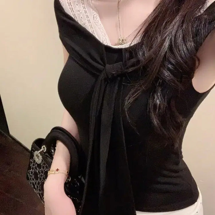 [BUNJANG] Black Off-Shoulder Lace Blouse with Tie Ribbon / 블랙 오프숄더 레이스 블라우스 타이 리본 슬림핏 니트
