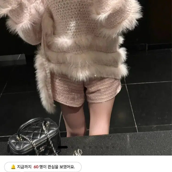 [BUNJANG] Pink Sequin Real Fox Fur Knit V-Neck Sweater (No Tie) / 핑크 스팽글 리얼폭스 퍼 니트 (타이X)