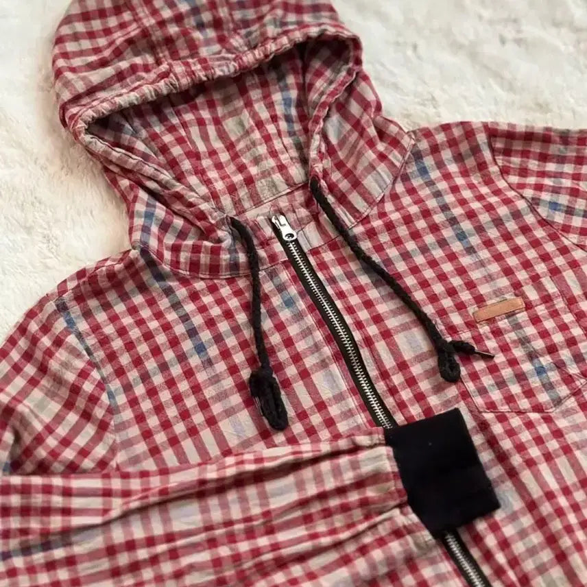 [BUNJANG] Red Check Point Handmade Hooded Zip-Up / [10% 할인특가] 레드 체크 포인트 핸드메이드 후드집업