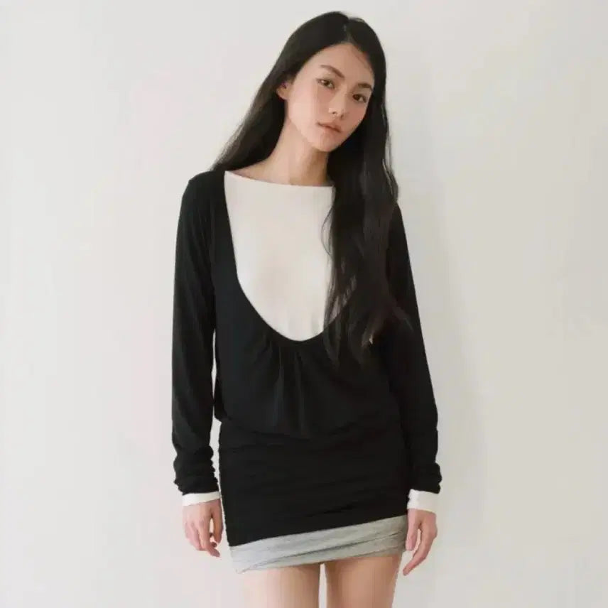 [BUNJANG] Layered Loose Shirring U-Neck T-Shirt (Black) / 실사o)이어닝 LAYERED LOOSE SHIRRING U-NECK T