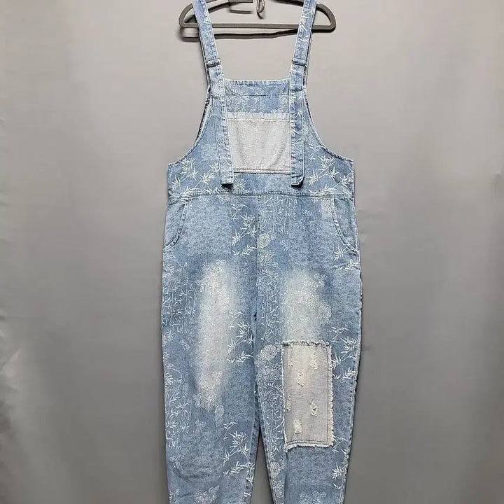 [BUNJANG] Flower Print Denim Overalls / 플라워 데님 멜빵 바지