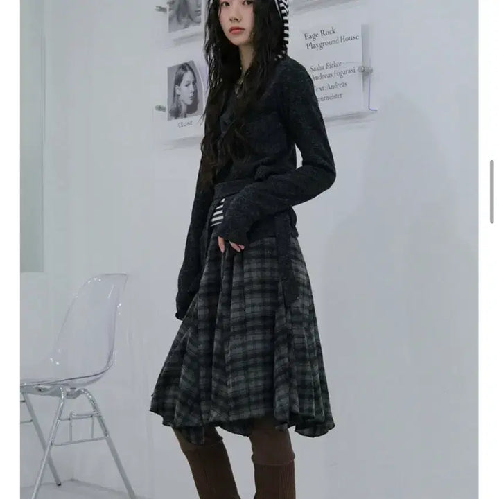 [BUNJANG] Tilde Seoul Lua Vintage Check Midi Skirt / 틸데서울 루아 빈티지 기모 체크 언발 미디 스커트 치마 차콜 블랙업 낫토