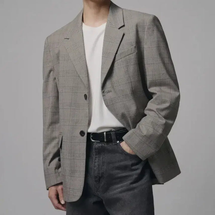 [BUNJANG] Drawfit Oversized Minimal Check Blazer Beige / [드로우핏] 오버사이즈 미니멀 체크 블레이저/BEIGE/M