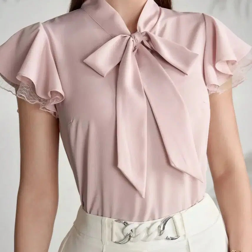[BUNJANG] Pink Ribbon Frill Blouse with Puff Sleeves / 리본 프릴 블라우스 핑크 퍼프 반팔 새상품