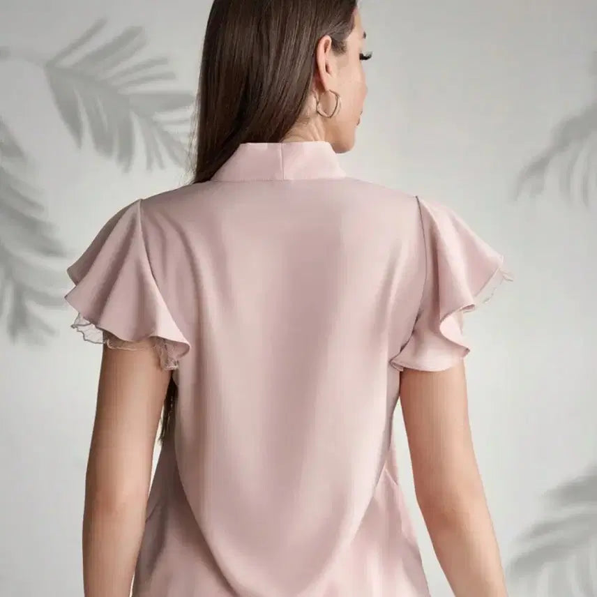 [BUNJANG] Pink Ribbon Frill Blouse with Puff Sleeves / 리본 프릴 블라우스 핑크 퍼프 반팔 새상품