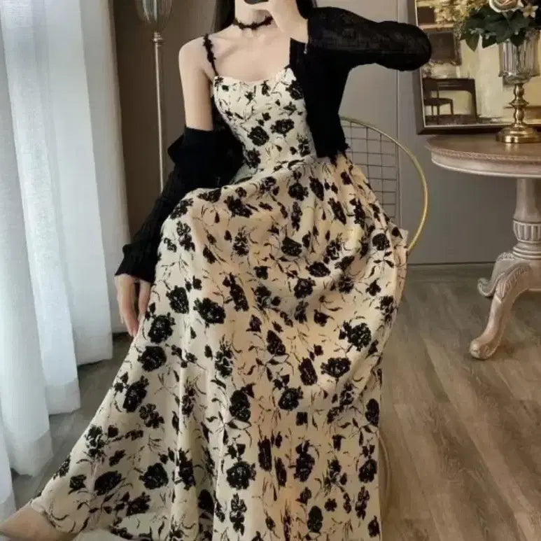 [BUNJANG] French Style Cardigan + Flower Sleeveless Dress Set (M) / 프렌치 스타일 가디건(M)+플라워 나시 원피스(M) SET