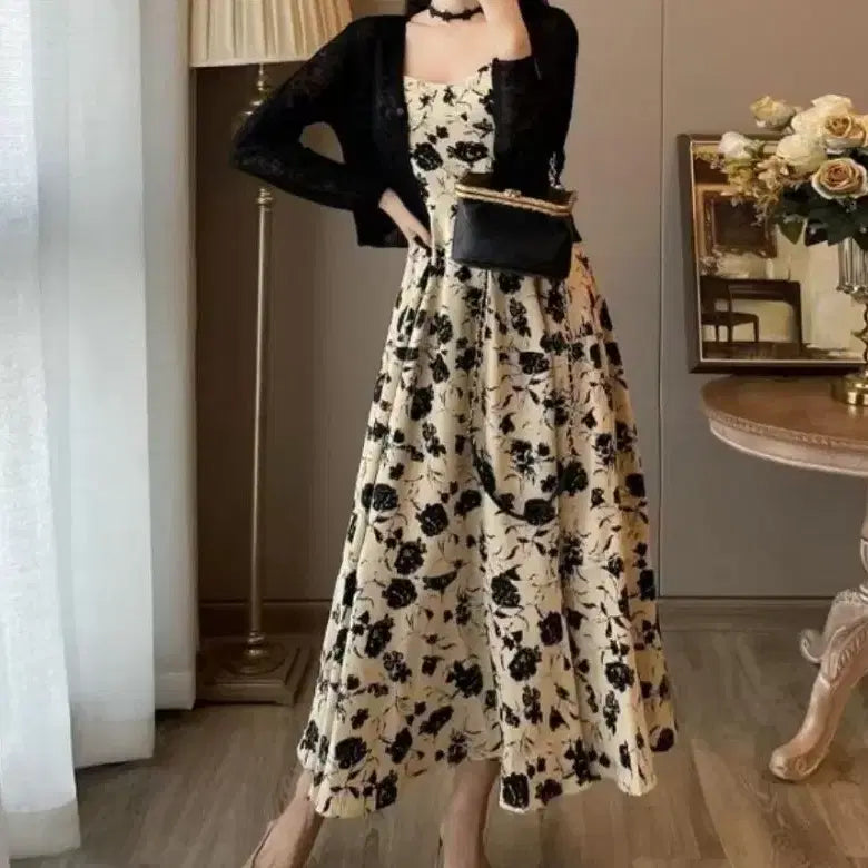 [BUNJANG] French Style Cardigan + Flower Sleeveless Dress Set (M) / 프렌치 스타일 가디건(M)+플라워 나시 원피스(M) SET