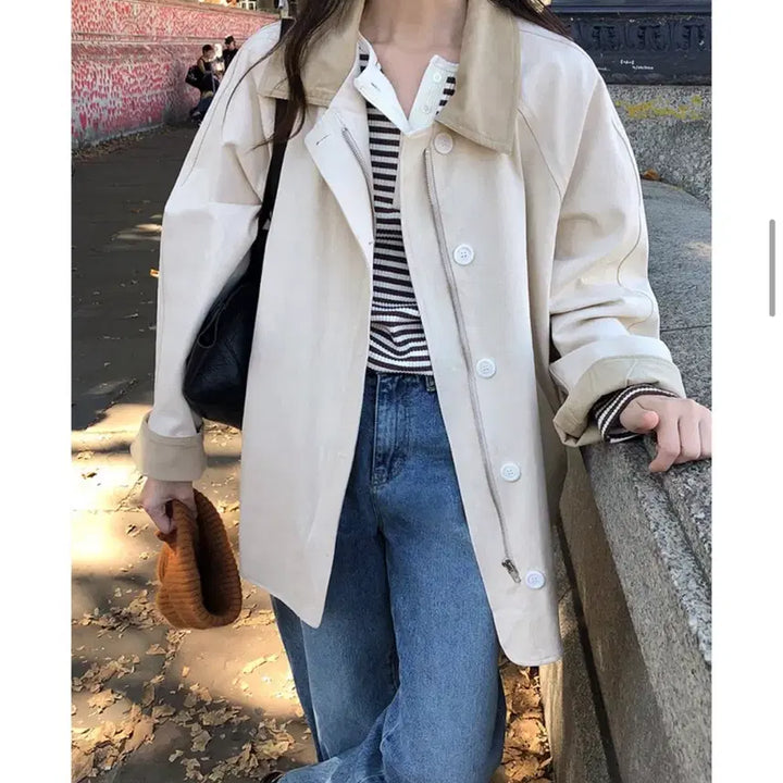 [SOLD OUT] 크림베이지 가내스라 배색 카라 루즈핏 야상 트렌치 미디 코트