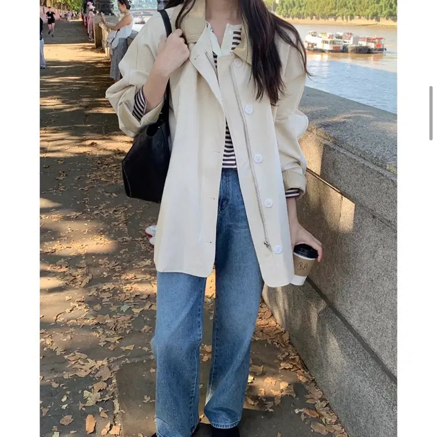 [SOLD OUT] 크림베이지 가내스라 배색 카라 루즈핏 야상 트렌치 미디 코트