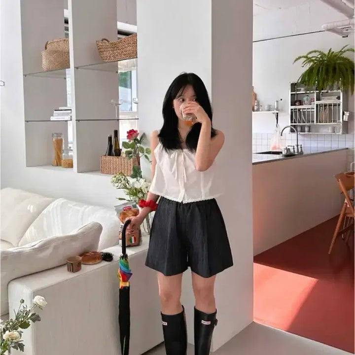 [BUNJANG] Black Denim 4-Part Shorts / 흑청 4부 팬츠
