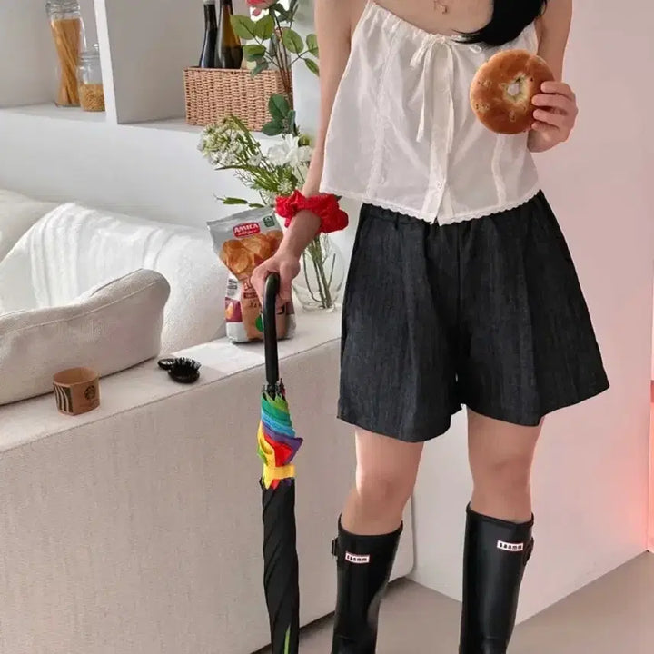 [BUNJANG] Black Denim 4-Part Shorts / 흑청 4부 팬츠
