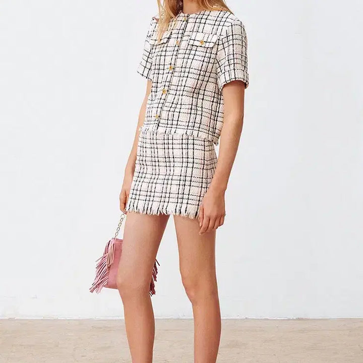 [BUNJANG] Maje Candy Check Fringe Tweed Jacket / 마쥬  캔디체크 프린지 트위드 블라우스겸 자켓