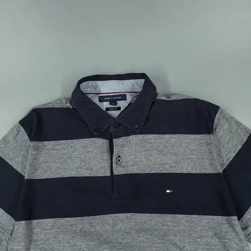 [BUNJANG] Tommy Hilfiger Pigment Navy Gray Stripe Slim Fit Button-Down Shirt / 타미힐피거 피그먼트 네이비 그레이 1대1 배색 스트라이프 슬림핏 버튼다운