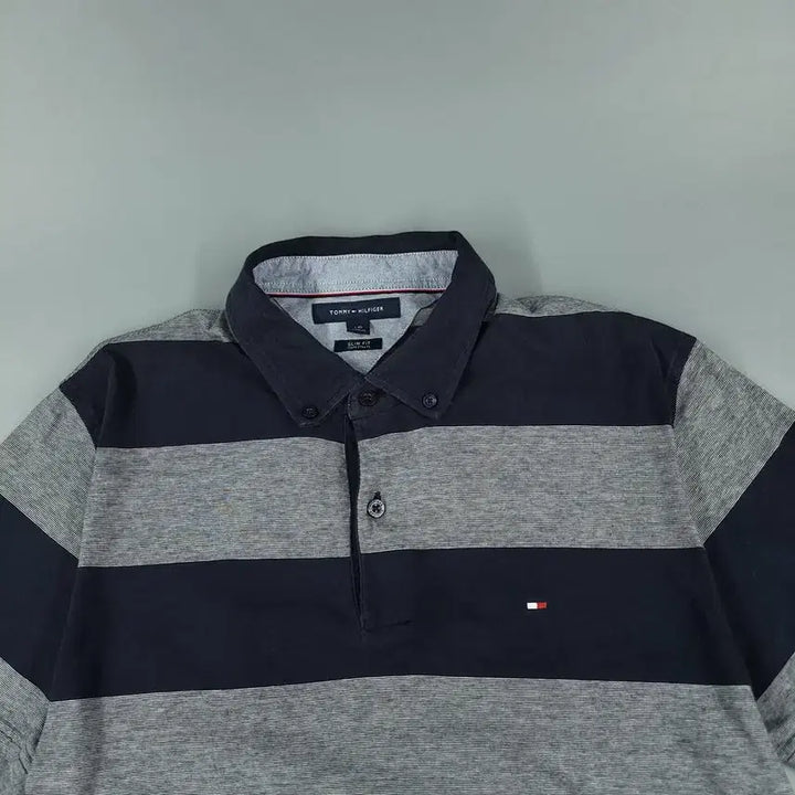 [BUNJANG] Tommy Hilfiger Pigment Navy Gray Stripe Slim Fit Button-Down Shirt / 타미힐피거 피그먼트 네이비 그레이 1대1 배색 스트라이프 슬림핏 버튼다운