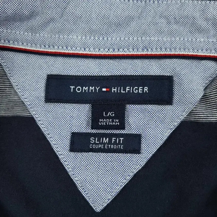 [BUNJANG] Tommy Hilfiger Pigment Navy Gray Stripe Slim Fit Button-Down Shirt / 타미힐피거 피그먼트 네이비 그레이 1대1 배색 스트라이프 슬림핏 버튼다운