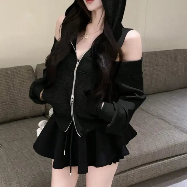 [BUNJANG] Off-Shoulder Two-Way Hoodie Black / 오프숄더 투웨이 후드집업 블랙