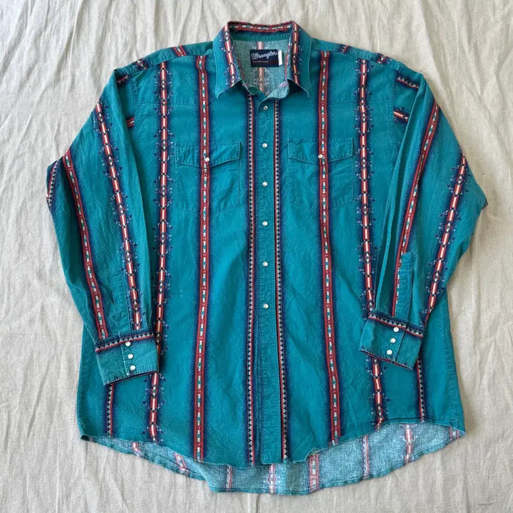 [SOLD OUT] 랭글러 90s 에스닉 치마요 청록 웨스턴 셔츠 105~