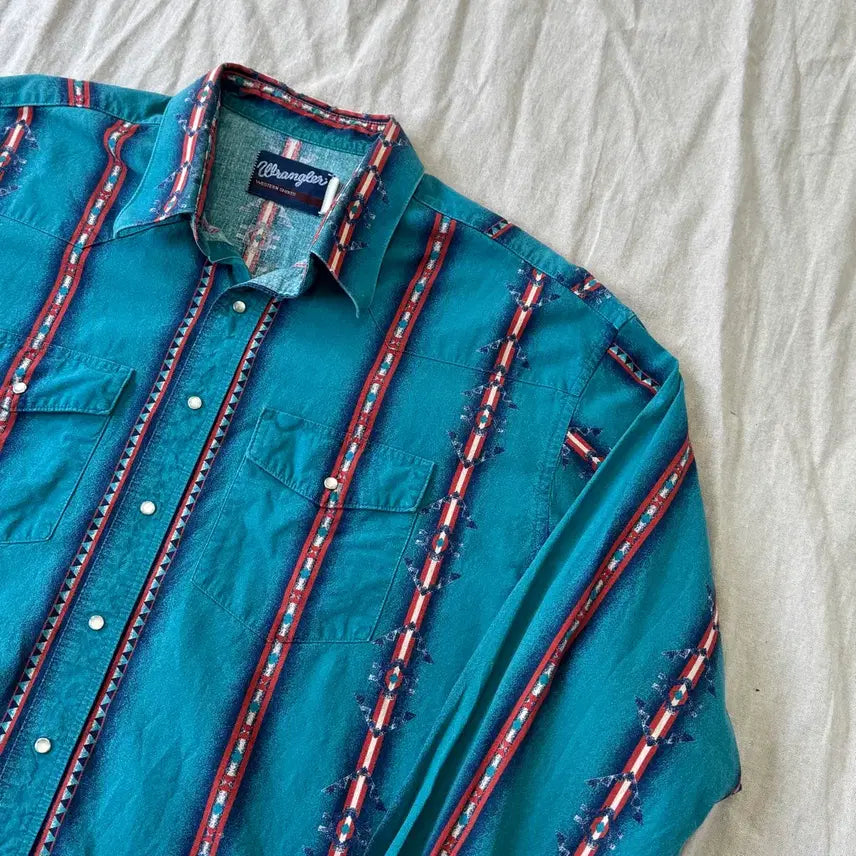 [SOLD OUT] 랭글러 90s 에스닉 치마요 청록 웨스턴 셔츠 105~