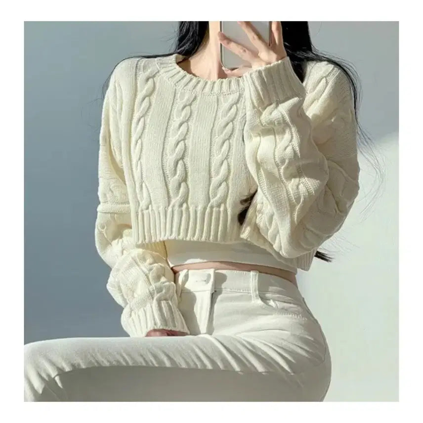 [BUNJANG] Ivory Cable Knit Crop Sweater (One Size) / 아이보리색 꽈배기 크롭 니트(프리사이즈)