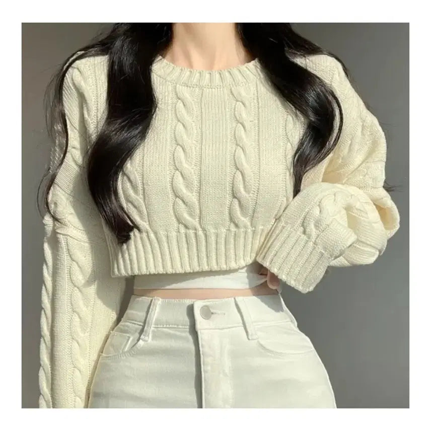 [BUNJANG] Ivory Cable Knit Crop Sweater (One Size) / 아이보리색 꽈배기 크롭 니트(프리사이즈)