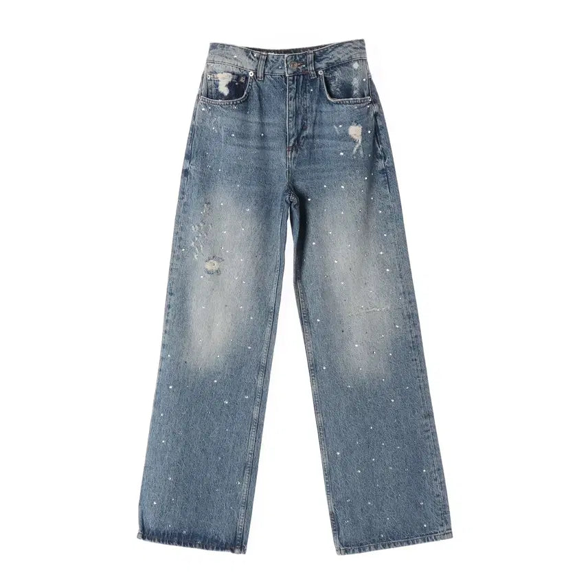 [BUNJANG] Maje Cubic Embellished Distressed Denim Straight Pants / 마쥬 큐빅 장식 디스트로이드 데님 스트레이트 팬츠