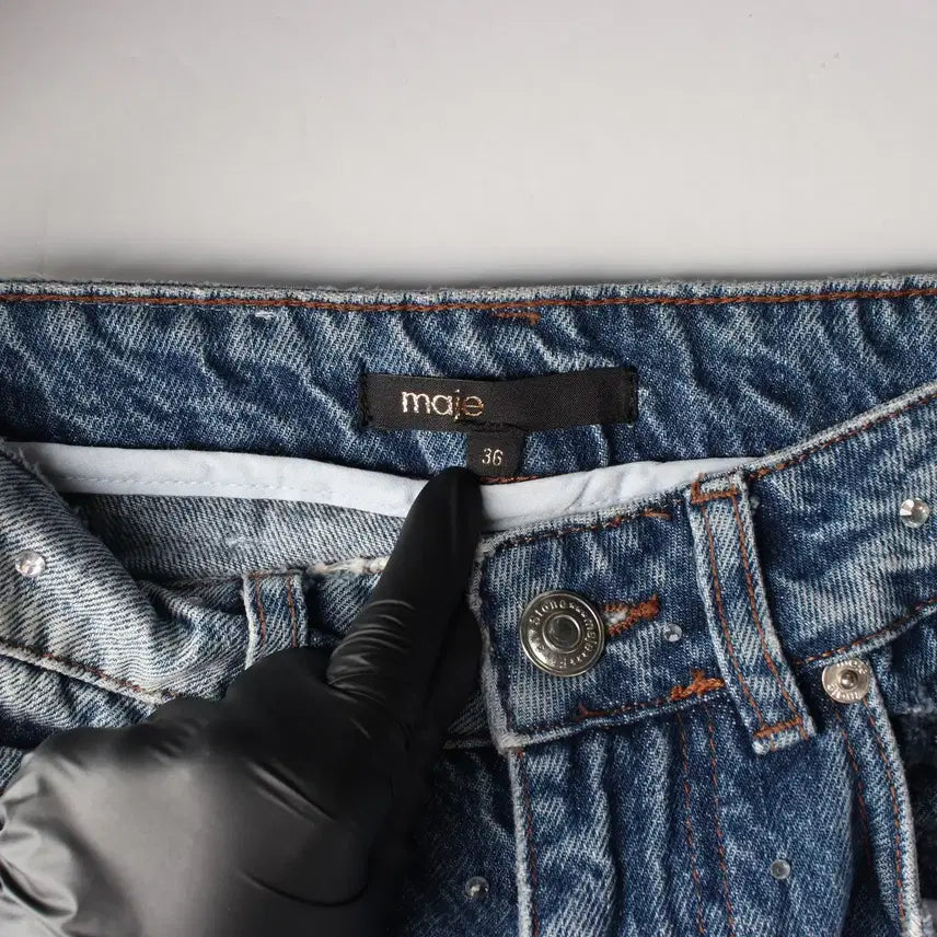 [BUNJANG] Maje Cubic Embellished Distressed Denim Straight Pants / 마쥬 큐빅 장식 디스트로이드 데님 스트레이트 팬츠