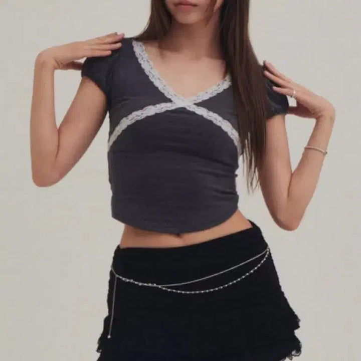 [BUNJANG] Forring Back Ribbon Puff Crop Top Short Sleeve T-shirt / 포어링 백리본 퍼프 크롭티 반팔티셔츠 S