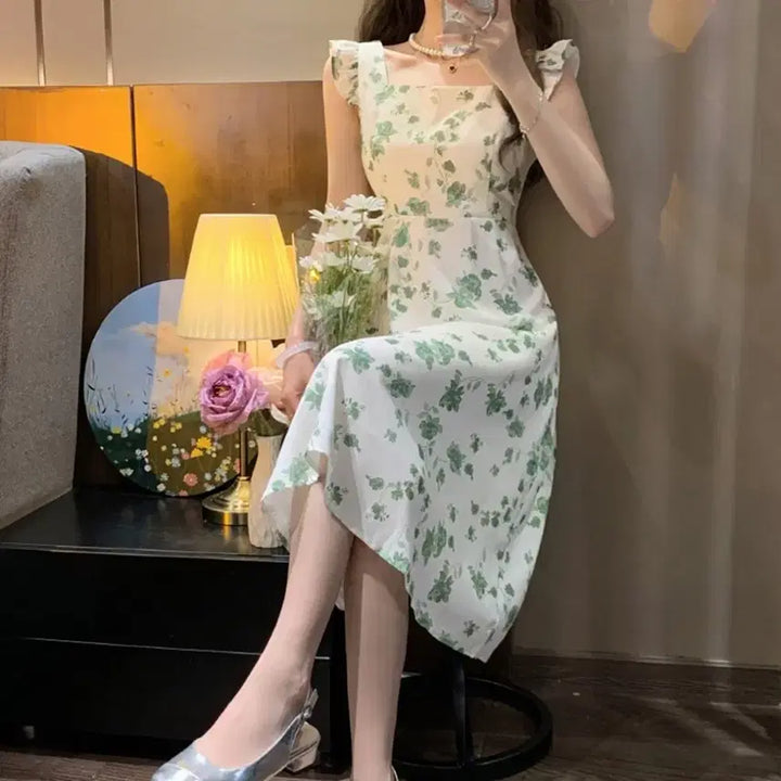 [BUNJANG] Liri Frill Flower Sleeveless Dress - Large / 리리 프릴 플라워 나시 원피스-L