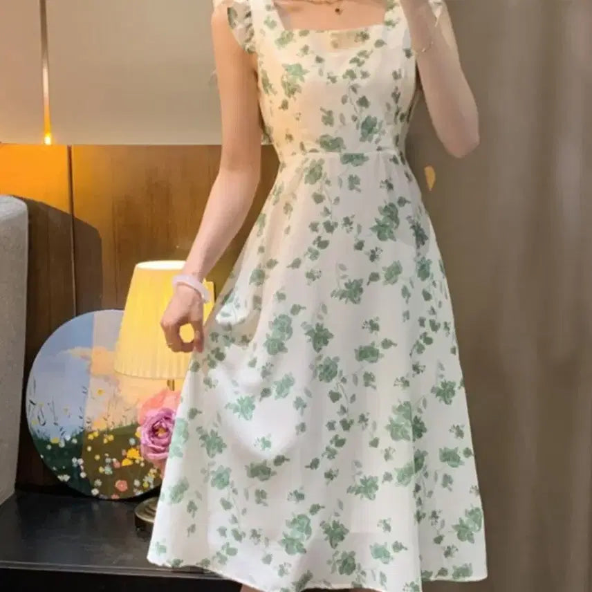 [BUNJANG] Liri Frill Flower Sleeveless Dress - Large / 리리 프릴 플라워 나시 원피스-L