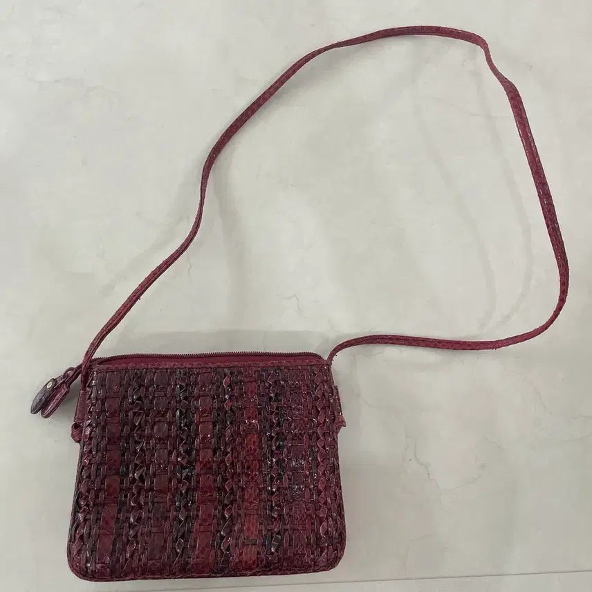 [BUNJANG] Wine Red Snakeskin Leather Crossbody Bag / 와인색 뱀피 가죽 크로스백