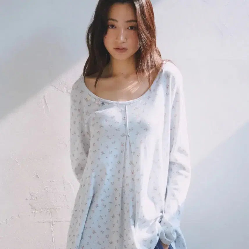 [BUNJANG] Opish Floral Tuck Long Sleeve - Sky Blue / 오피쉬 플로랄 턱 롱슬리브 스카이블루
