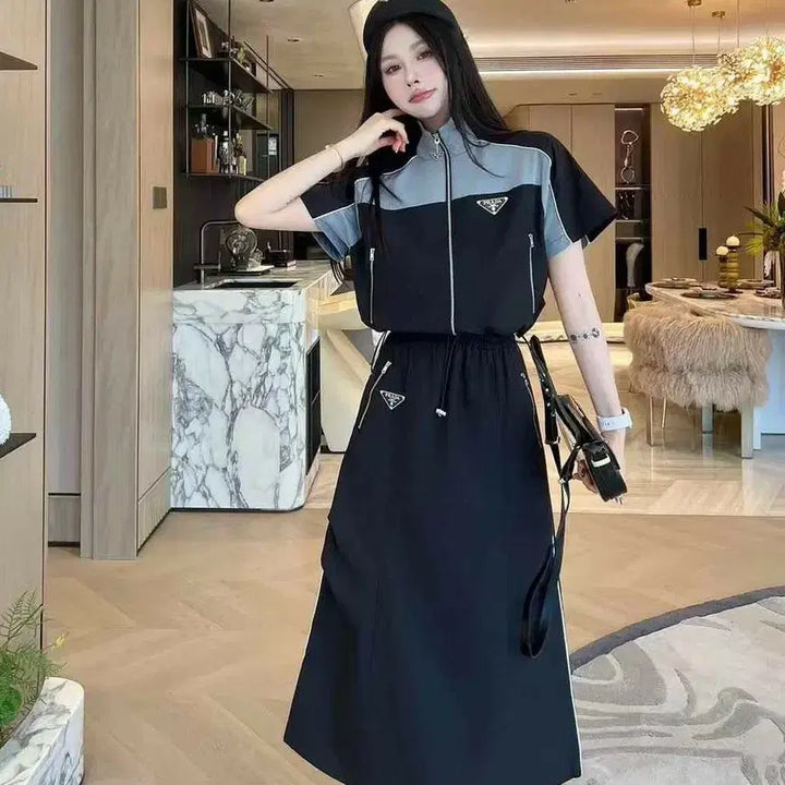 [BUNJANG] Prada Triangle Logo Comfy Woven Jacket &amp; Skirt Set - Black / 수입 삼각로고 컴피 우븐 자켓 &amp; 스커트 세트 -블랙