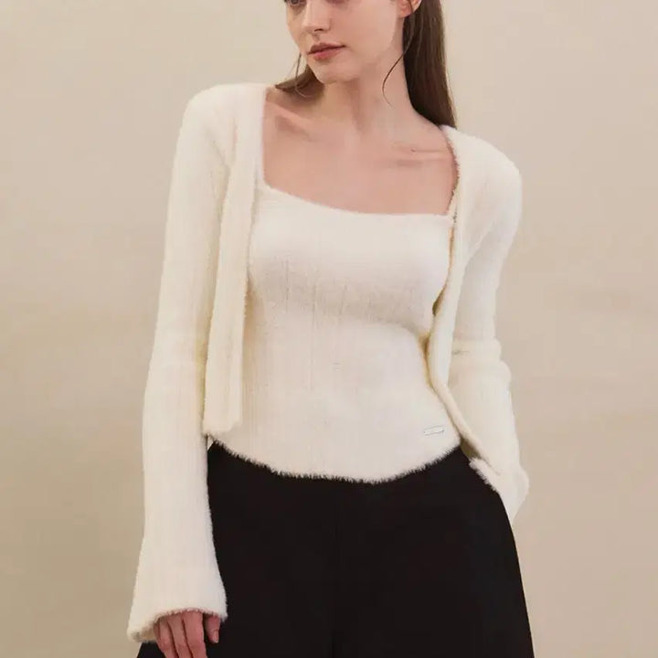 [BUNJANG] Grace You Joy Angora Cardigan and Tank Top Set White / 그레이스유 앙고라 조이 가디건 나시 세트 화이트