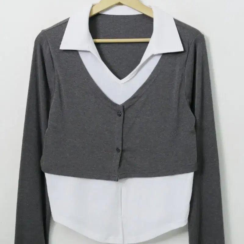[BUNJANG] Bluepop Cardigan Layered Collar Top T-Shirt / 블루팝스 가디건 레이어드 카라 탑 티셔츠 하이틴