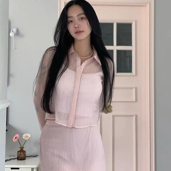 [BUNJANG] Pale Jade Swan Crop Blouse &amp; Skirt Set - Pink / 페일제이드 Swan Crop BL &amp; SK set