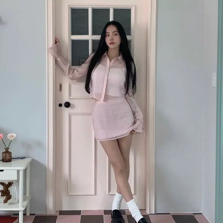 [BUNJANG] Pale Jade Swan Crop Blouse &amp; Skirt Set - Pink / 페일제이드 Swan Crop BL &amp; SK set