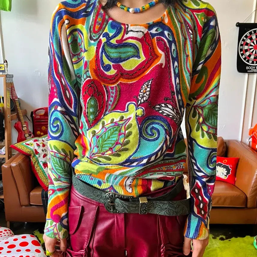 [BUNJANG] Vintage Japanese Tropical Pattern Long Sleeve Top / 1980s-90s JPN 일본 빈티지 트로피칼 니트 롱슬리브 긴팔 티셔츠