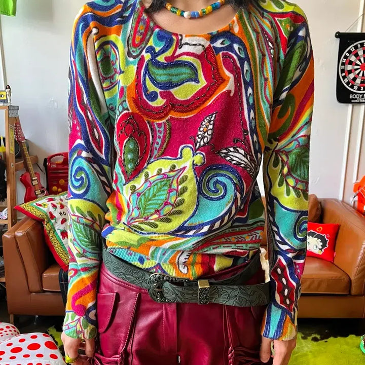 [BUNJANG] Vintage Japanese Tropical Pattern Long Sleeve Top / 1980s-90s JPN 일본 빈티지 트로피칼 니트 롱슬리브 긴팔 티셔츠