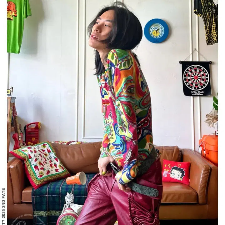 [BUNJANG] Vintage Japanese Tropical Pattern Long Sleeve Top / 1980s-90s JPN 일본 빈티지 트로피칼 니트 롱슬리브 긴팔 티셔츠