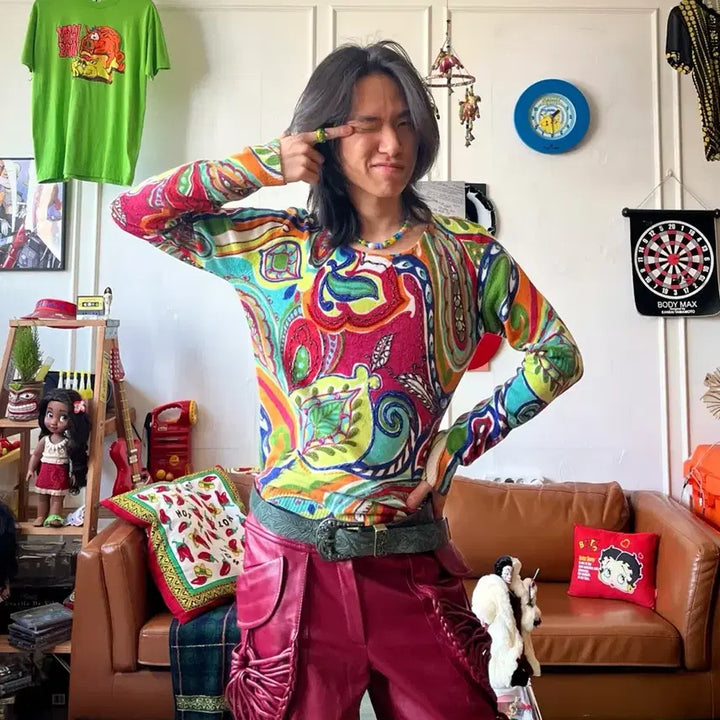 [BUNJANG] Vintage Japanese Tropical Pattern Long Sleeve Top / 1980s-90s JPN 일본 빈티지 트로피칼 니트 롱슬리브 긴팔 티셔츠