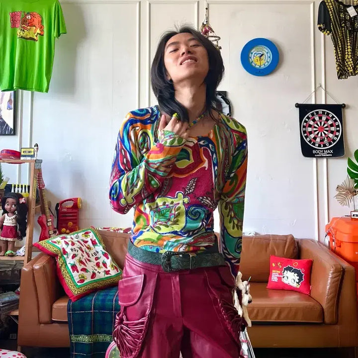 [BUNJANG] Vintage Japanese Tropical Pattern Long Sleeve Top / 1980s-90s JPN 일본 빈티지 트로피칼 니트 롱슬리브 긴팔 티셔츠