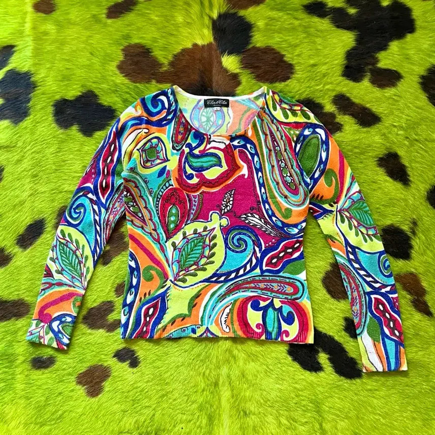 [BUNJANG] Vintage Japanese Tropical Pattern Long Sleeve Top / 1980s-90s JPN 일본 빈티지 트로피칼 니트 롱슬리브 긴팔 티셔츠