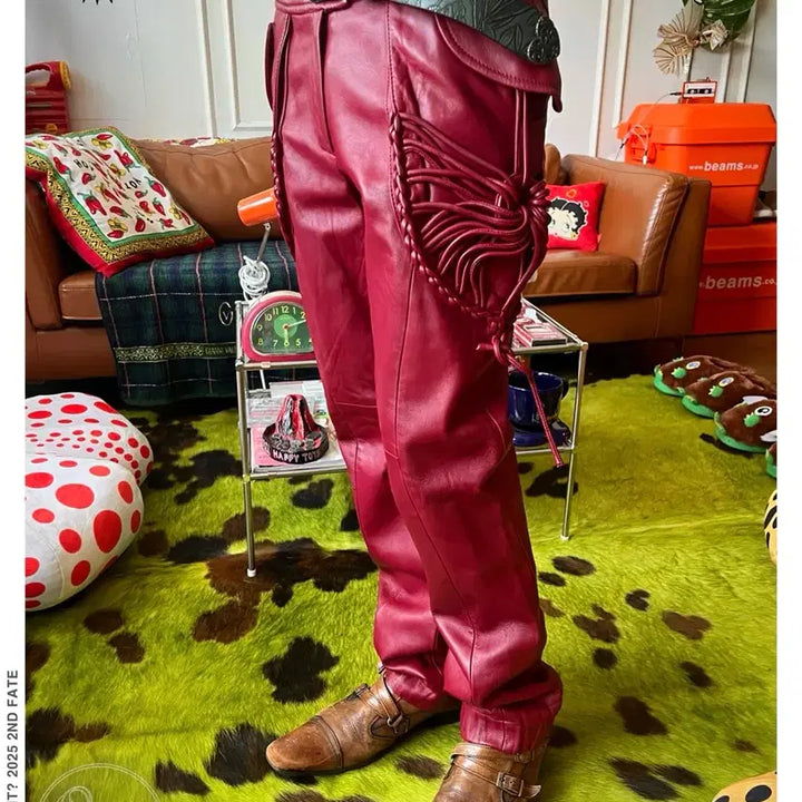 [BUNJANG] Vintage Red Lambskin Leather Weave Pants / 빈티지 리얼 램스킨 양가죽 3D 위빙 텍스처럴 디테일 레드 레더 팬츠