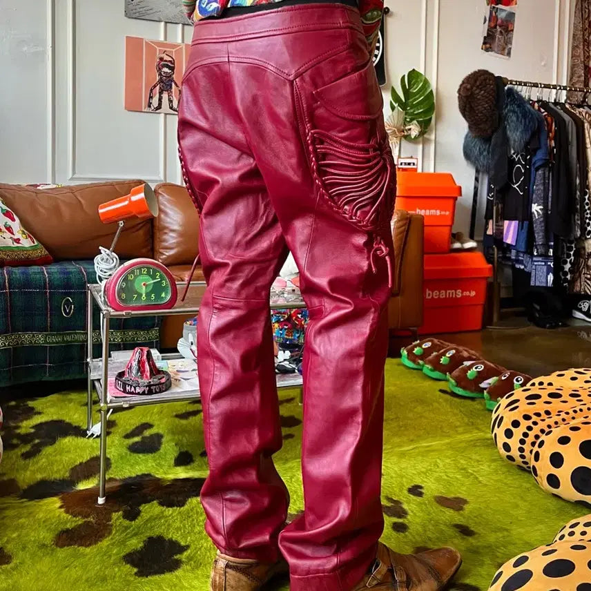 [BUNJANG] Vintage Red Lambskin Leather Weave Pants / 빈티지 리얼 램스킨 양가죽 3D 위빙 텍스처럴 디테일 레드 레더 팬츠