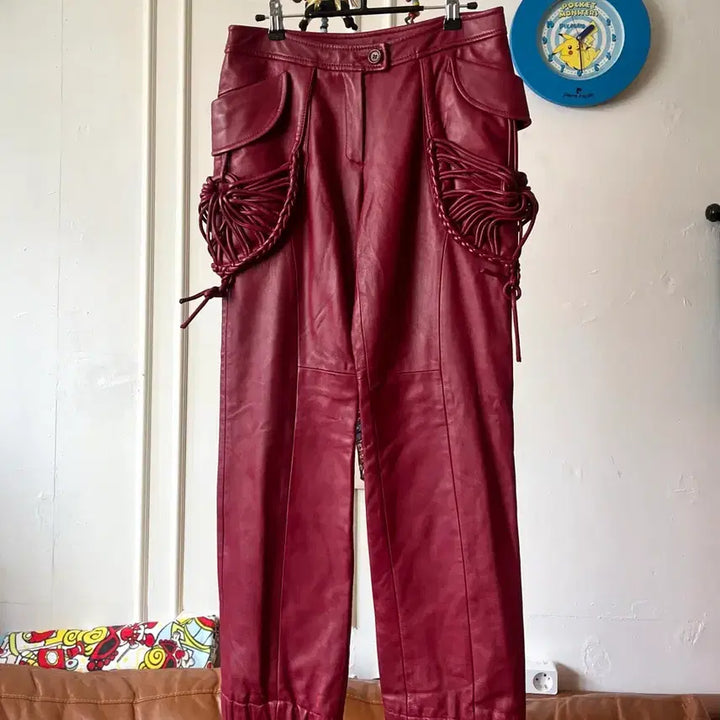 [BUNJANG] Vintage Red Lambskin Leather Weave Pants / 빈티지 리얼 램스킨 양가죽 3D 위빙 텍스처럴 디테일 레드 레더 팬츠