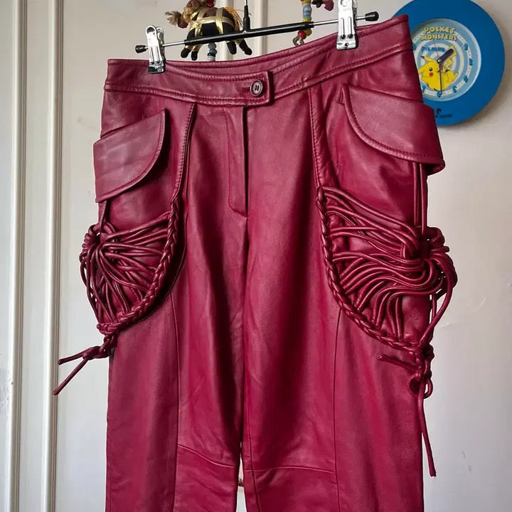 [BUNJANG] Vintage Red Lambskin Leather Weave Pants / 빈티지 리얼 램스킨 양가죽 3D 위빙 텍스처럴 디테일 레드 레더 팬츠
