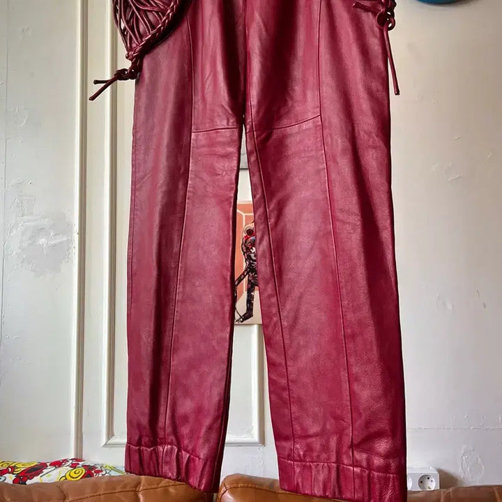 [BUNJANG] Vintage Red Lambskin Leather Weave Pants / 빈티지 리얼 램스킨 양가죽 3D 위빙 텍스처럴 디테일 레드 레더 팬츠