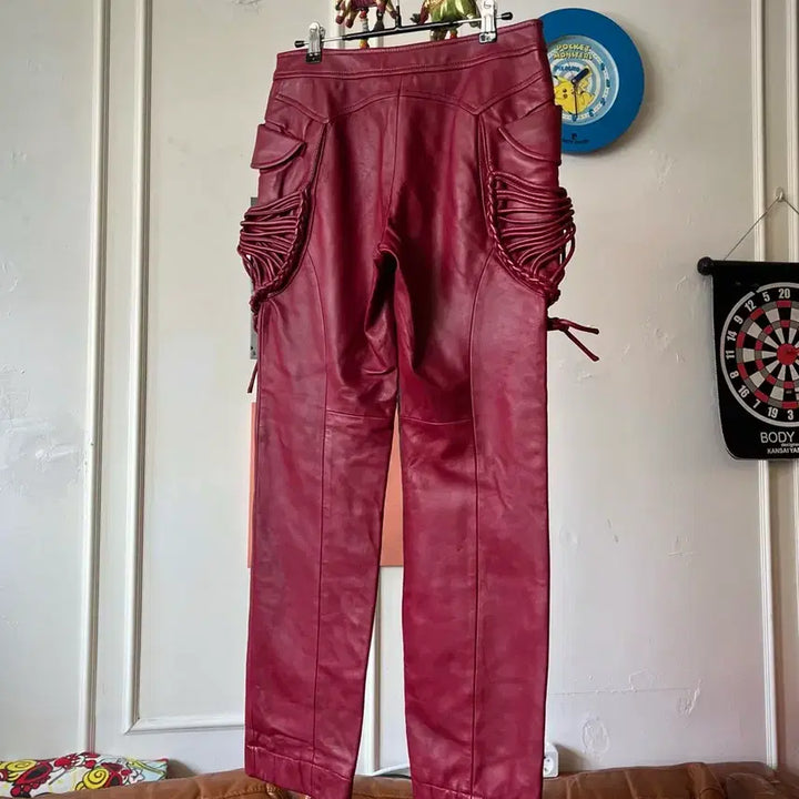 [BUNJANG] Vintage Red Lambskin Leather Weave Pants / 빈티지 리얼 램스킨 양가죽 3D 위빙 텍스처럴 디테일 레드 레더 팬츠