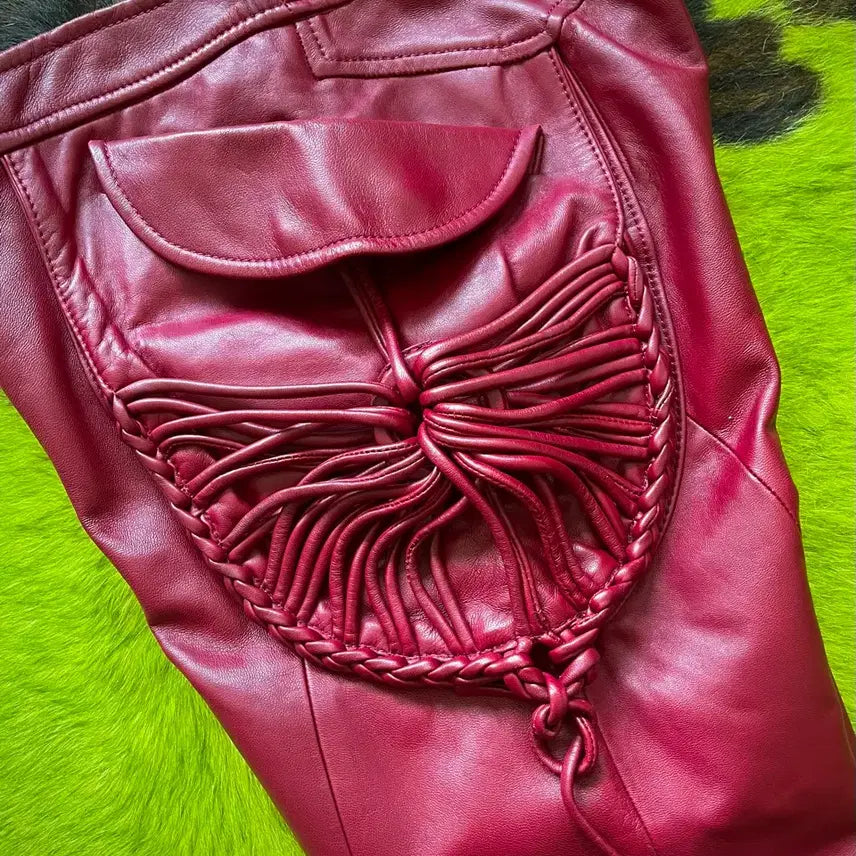 [BUNJANG] Vintage Red Lambskin Leather Weave Pants / 빈티지 리얼 램스킨 양가죽 3D 위빙 텍스처럴 디테일 레드 레더 팬츠