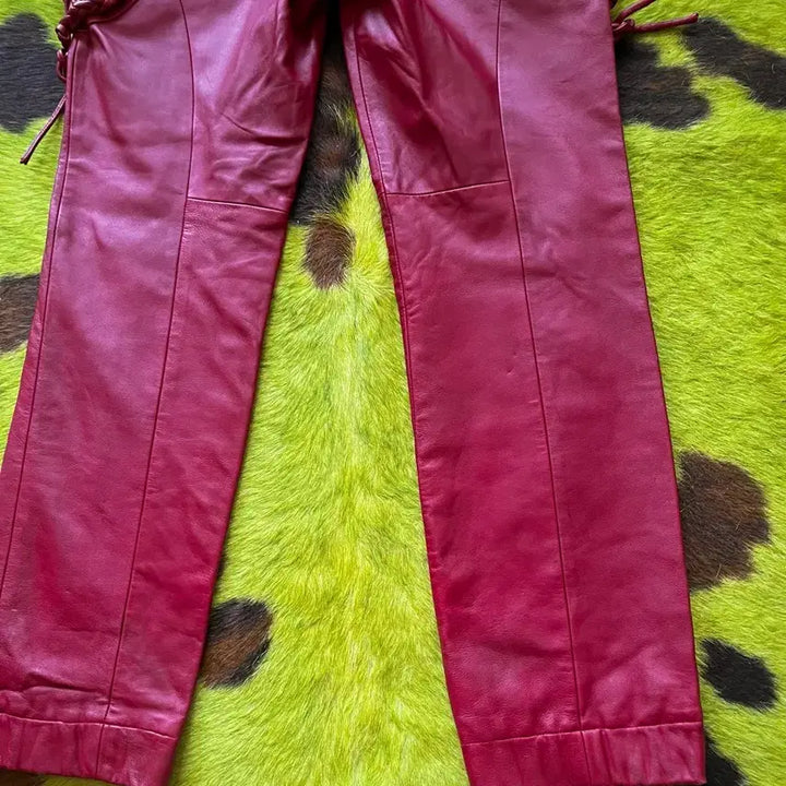 [BUNJANG] Vintage Red Lambskin Leather Weave Pants / 빈티지 리얼 램스킨 양가죽 3D 위빙 텍스처럴 디테일 레드 레더 팬츠